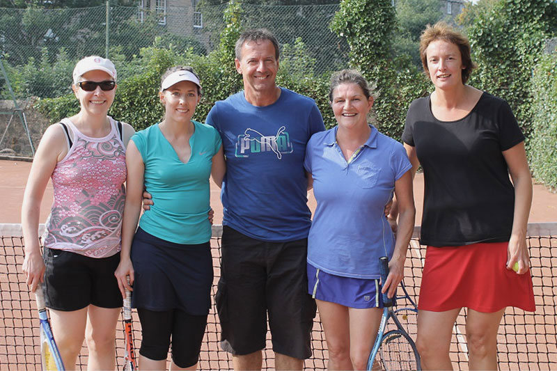 Finals Day 2014, ladies’ doubles (l to r): Mary, Catriona, Fiona and Shelley with chair umpire Mark